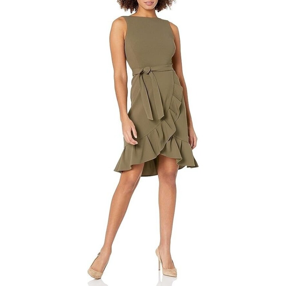 NEW CALVIN KLEIN Women's dress Sleeveless Sheath Ruffle Hem size 8 Olive Wrap